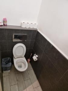 a bathroom with a toilet and rolls of toilet paper at German Colony Guest House- Private and Dorm rooms in Haifa