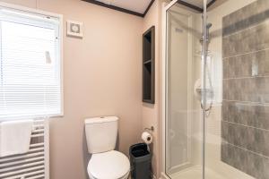 een badkamer met een toilet en een douche bij Bushmills Lodge with Hot Tub in Thornton
