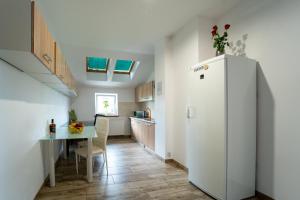 梅萊茨的住宿－Apartament Wschodni，厨房以及带冰箱和桌子的用餐室。