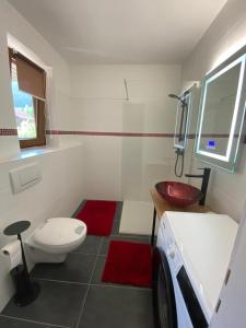 a bathroom with a white toilet and a red sink at Apartment GRANAT in Sankt Oswald