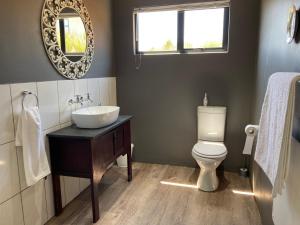 a bathroom with a sink and a toilet and a mirror at C'est La Vie in Howick