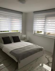 - une chambre avec un grand lit et 2 fenêtres dans l'établissement Luxusvilla Neubau 2, à Oberasbach