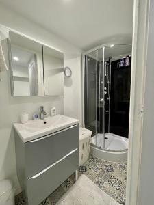La salle de bains blanche est pourvue d'un lavabo et d'une douche. dans l'établissement Loft ravissant à 5 mn de la Basilique Notre Dame de Fourvière, à Lyon