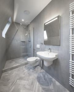 a bathroom with a sink and a toilet and a shower at Casa Popeea Boutique Hotel in Brăila +51 photos
