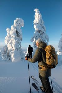 a man on skis in the snow next to snow covered trees at Lapland Hotels Bear´s Lodge in Sinettä