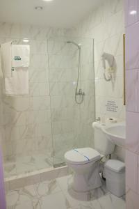 ein Bad mit einer Dusche, einem WC und einem Waschbecken in der Unterkunft Лісовий готель Гайки in Schytomyr