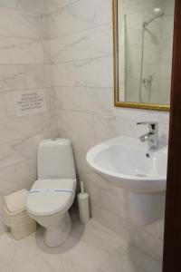 a white bathroom with a toilet and a sink at Лісовий готель Гайки in Zhytomyr