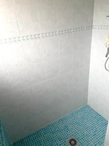 une salle de bain avec douche et sol carrelé dans l'établissement Maison confortable à Saint-Cyprien avec piscine partagée, à Saint-Cyprien