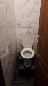 a bathroom with a white toilet and marble walls at Аппартаменты в Центре in Poltava