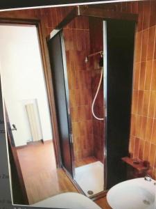 a bathroom with a shower with a toilet and a sink at Villa Olga Lago Maggiore in Castelveccana