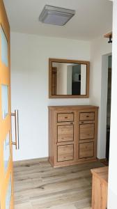 a room with a wooden dresser and a mirror at Apartment am Alpakahof Hahn in Grafenschlag