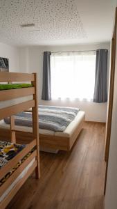 a bedroom with two bunk beds and a window at Apartment am Alpakahof Hahn in Grafenschlag