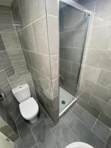 a bathroom with a toilet and a glass shower at Abigail's Hostel in Dublin