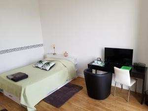 Un dormitorio con una cama, un escritorio y un televisor. en Domaine de Bellevue, en Beaupuy