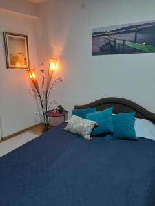 a bedroom with a blue bed with blue pillows at Apartman Maja in Bijeljina