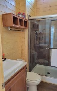 a bathroom with a toilet and a glass shower at 073 Tiny Home nr Grand Canyon South Rim Sleeps 8 in Valle