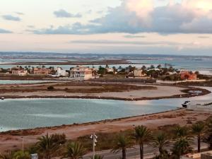uitzicht op een waterlichaam met huizen en palmbomen bij Veneziola Amazing Views in La Manga del Mar Menor