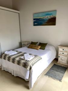 1 dormitorio con 1 cama y una pintura en la pared en Terrazas de la Patagonia en Esquel