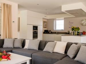 ein Wohnzimmer mit Couch und Küche in der Unterkunft Coq au lit in De Haan