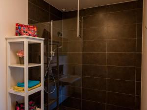 ein Bad mit einer Dusche mit schwarzen Fliesen in der Unterkunft Coq au lit in De Haan + 23 Fotos