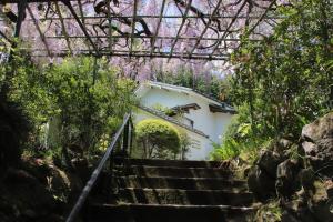a set of stairs leading up to a building at Yamaguchi House,Historic Private House with Open-Air Hot springs in Hakone
