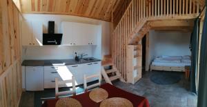 Cette chambre comprend une cuisine et des lits superposés. dans l'établissement Guesthouse Planinski Dom Majerhold, à Solčava