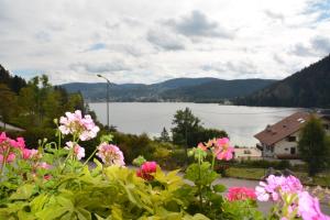a view of a lake with pink flowers at Les Reflets du Lac in Gérardmer