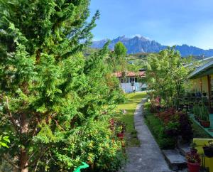 a garden with trees and flowers and a house at Soboroong Farmer's Cottage in Kundasang