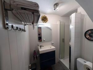 a white bathroom with a sink and a shower at La Chambre d'Hôtes du Cladan in LʼÉpine +4 photos