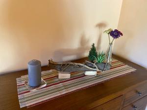 una mesa con un jarrón de flores y una vela en Apartamentos rurales la Aguilera, en Oviñana