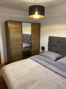a bedroom with a large bed and a mirror at Apartman Martes in Slavonski Brod