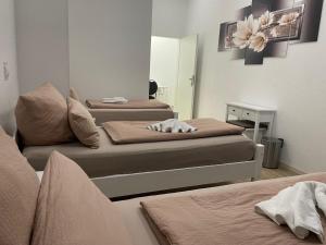 a room with three beds and a mirror at Recreo Pension Untereisesheim in Untereisesheim