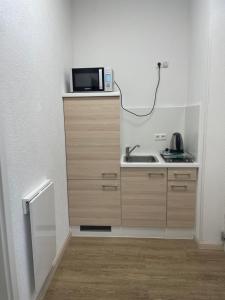a kitchen with a sink and a microwave on a counter at Recreo Pension Untereisesheim in Untereisesheim