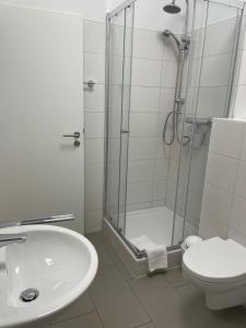 a bathroom with a shower and a toilet and a sink at Recreo Pension Untereisesheim in Untereisesheim