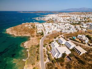 an aerial view of a town next to the ocean at Hippocampus Hotel in Naousa