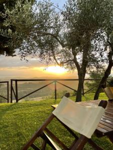 a wooden chair sitting in the grass with a sunset in the background at Fattoria Di Pancole in San Gimignano
