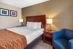 une chambre d'hôtel avec un lit et une chaise bleue dans l'établissement Comfort Inn & Suites Kelso - Longview, à Kelso 25 autres photos