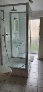 a bathroom with a shower and a toilet at Outletcity Ferienwohnung Wohnung 1 in Metzingen +21 photos