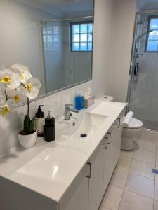 a bathroom with a sink and a toilet and a mirror at MODERN CLOSE AIRPORT/SHOPS FREE NETFLIX WINE WIFI in Perth