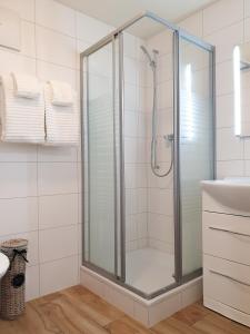 a glass shower in a bathroom with a sink at Nérine in Leysin