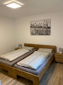 - 2 lits dans une chambre avec une photo sur le mur dans l'établissement Ferienwohnung Familie Heite, à Olpe