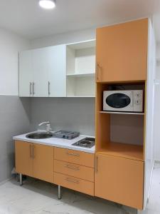uma cozinha com um micro-ondas e um lavatório em Skopje Boutique Apartments em Skopje