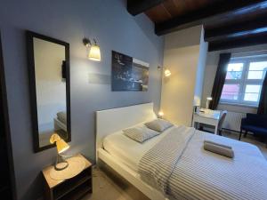 una camera con un letto e un grande specchio di Lullaby Private Rooms a Poznań