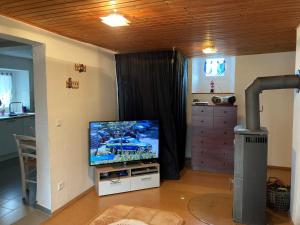 uma sala de estar com uma televisão de ecrã plano sentada numa bancada em Ferienwohnung Marienhof Erdgeschoss em Seelbach