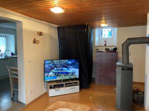 a living room with a flat screen tv sitting on a stand at Ferienwohnung Marienhof Erdgeschoss in Seelbach