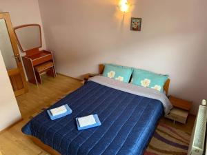 a bedroom with a blue bed with two plates on it at Vila Andra in Azuga