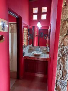 ein rotes Badezimmer mit einem Waschbecken und einem großen Spiegel in der Unterkunft Lo de Ely in Tafí del Valle