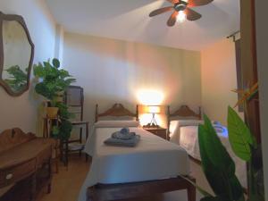 a bedroom with two beds and a ceiling fan at Alojamiento Rural El Ojuelo in El Ojuelo