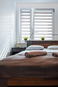 Posteľ alebo postele v izbe v ubytovaní Apartament z widokiem, 10min od morza