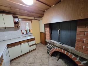 Turistična kmetija Kunstek في Rogatec: مطبخ مع موقد من الطوب في منتصف الغرفة